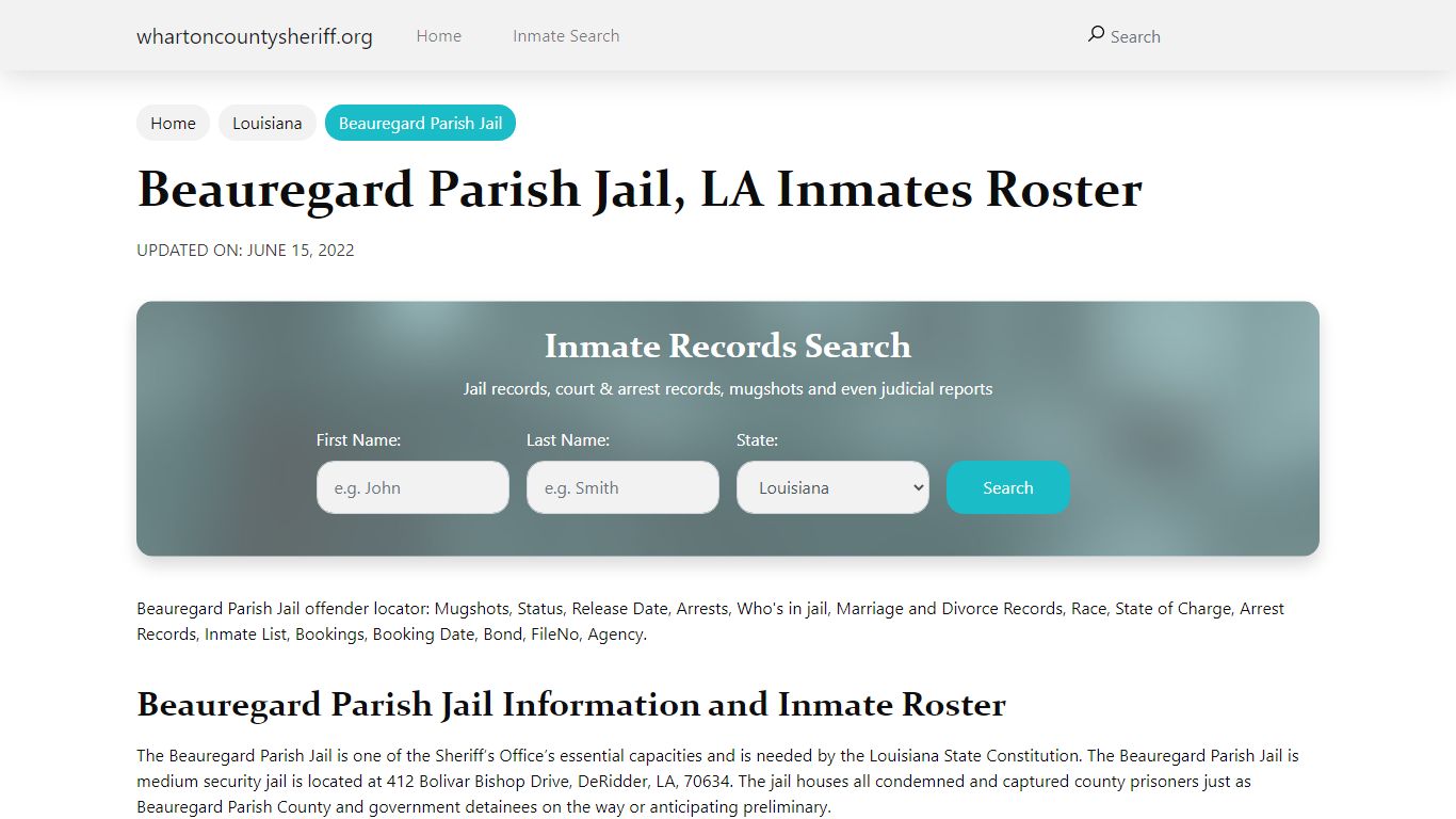 Beauregard Parish Jail, LA Jail Roster, Name Search